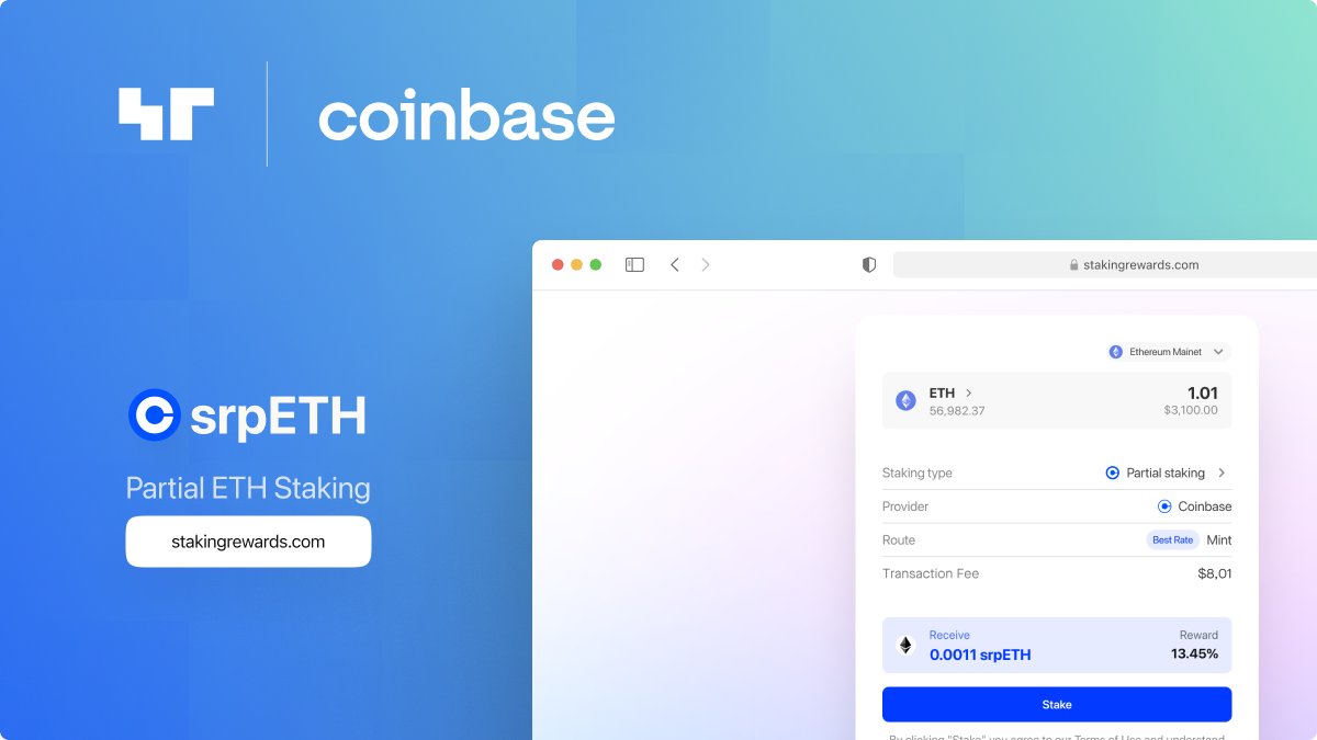 StakingRewards's tweet photo. Stake any amount of ETH. Earn auto-compounding rewards.

We’ve integrated with @CoinbaseDev to launch partial ETH staking in our Stake App. For the first time, native ETH staking will be available to our users 🔥

Stake directly to Coinbase’s best-in-class validators without the need to commit 32 ETH ↓

https://t.co/xmGy0RbLnB