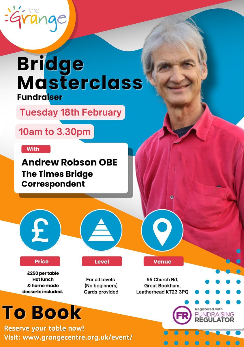 We welcome back Andrew Robson OBE, Times Bridge Correspondent, to our annual Bridge Masterclass on Tuesday 18th Feb 2025. This event is ideal for those looking to enhance their Bridge techniques while supporting a good cause. For More Details visit grangecentre.org.uk/event/bridge-m…