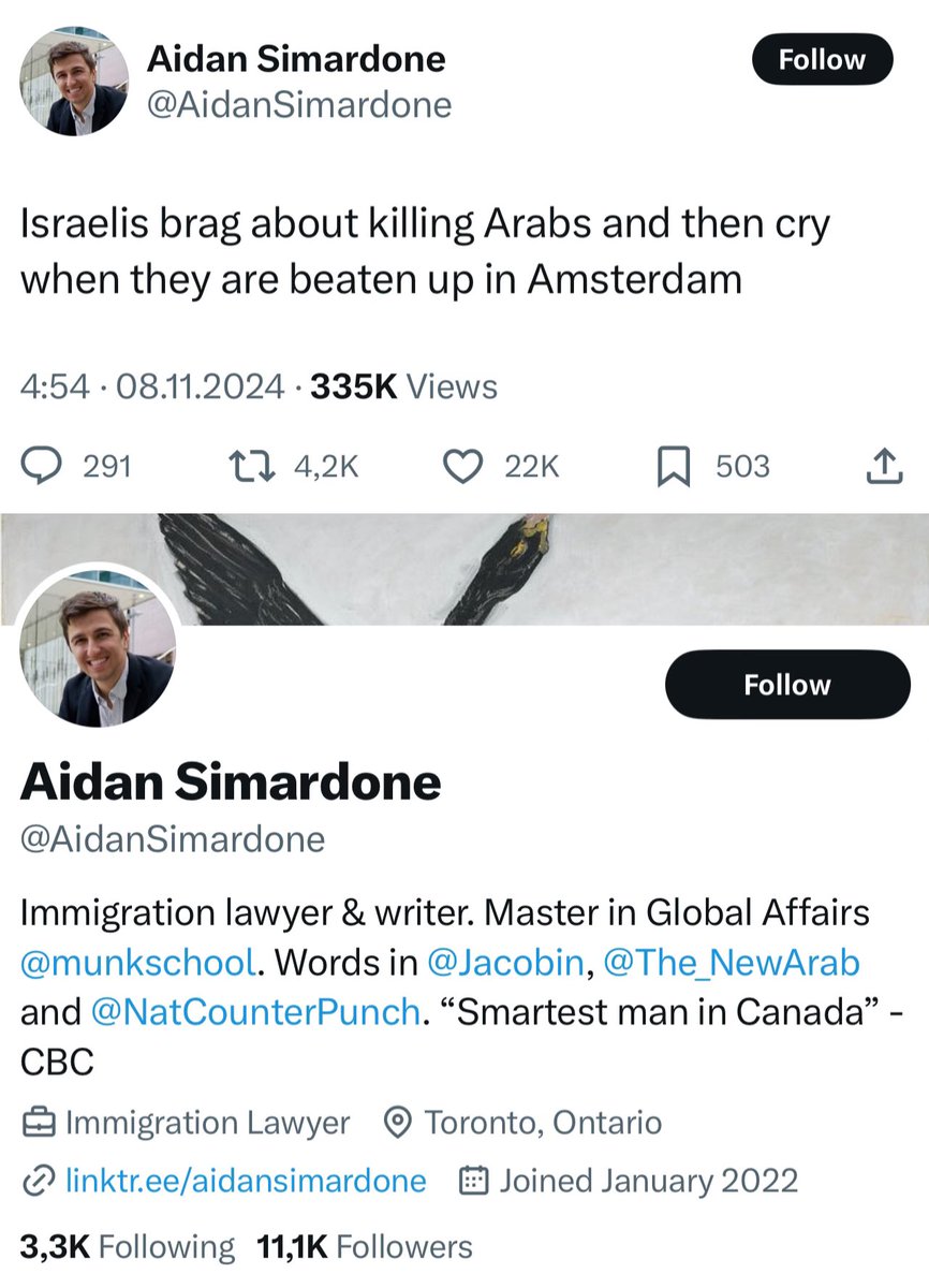 just_whatever's tweet photo. “Immigration lawyer” from Toronto is joyful about the pogrom https://t.co/QiOuD8NrZp