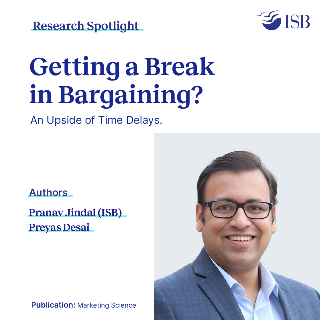 ISBedu's tweet photo. In a recent study, Pranav Jindal, Associate Professor, Marketing, ISB, explores how unanticipated delays by sellers during price negotiations affect consumer behaviour and willingness to pay (WTP).

The research, co-authored by Preyas Desai, uses data on bargaining threads to test whether there exists any correlation between response times and purchase likelihood.

Through three laboratory experiments, they vary the seller’s response across conditions and describe any delay in the seller’s response in terms of exogenous reasons. They find that unanticipated delays that arise during the bargaining process might have an upside. 

These findings indicate a possible increase in the buyers’ WTP under bargaining, and both buyers and sellers could benefit from them.

Read full research paper here: https://t.co/JNHohbwXYf

#ISB #ISBFaculty