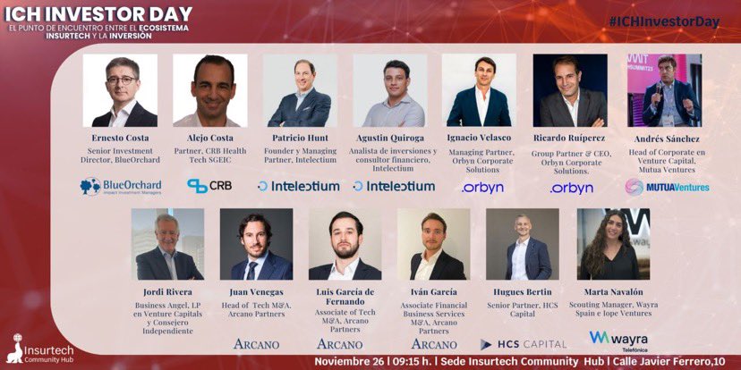 Más cerca del #ICHInvestorDay 🚀 organizado por <a href="/InsurtechComHub/">Insurtech Community Hub</a> 
Compartimos los primeros inversores confirmados 👏🏻 Súmate con pitch, como sponsor o asistente! (Plazas limitadas) Escribe a info@insurtechcommunityhub.com Adquiere tu entrada eventbrite.es/e/entradas-ich…