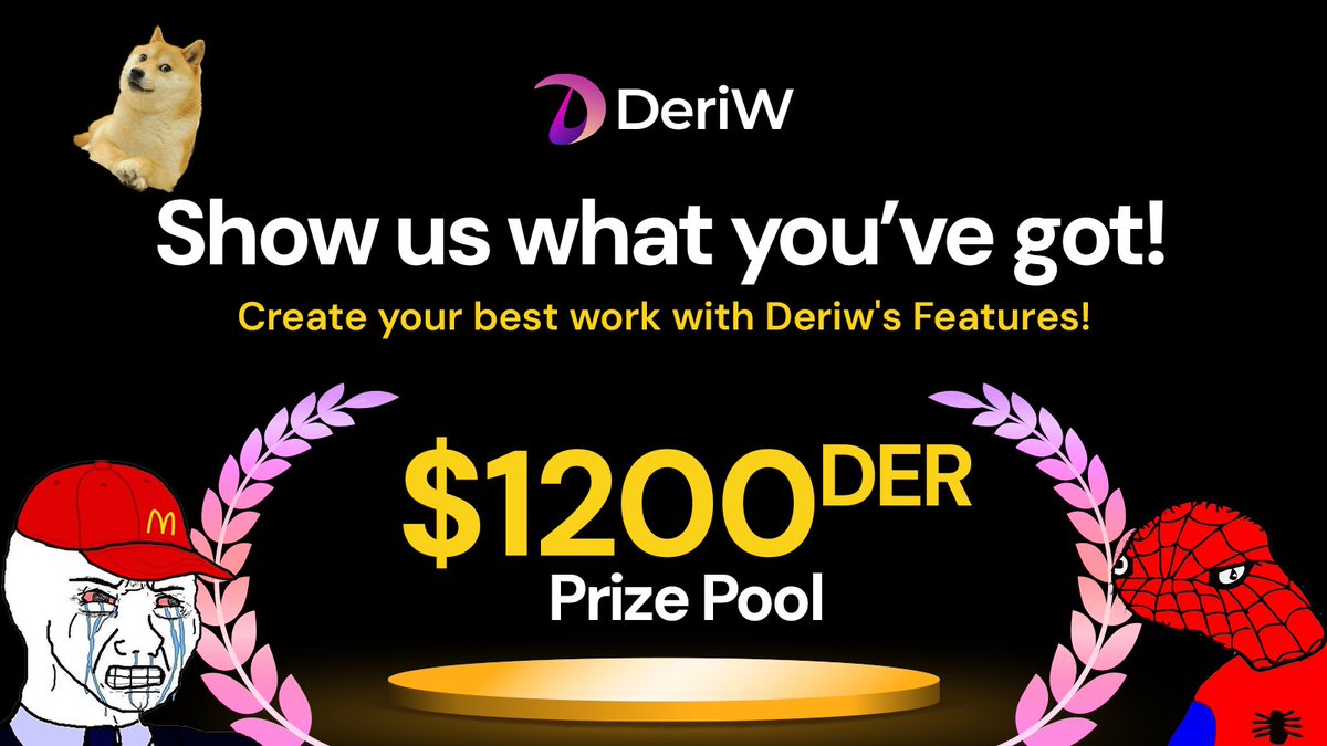 DeriWOfficial's tweet photo. 🎉 It’s Here! 🎉 The #DeriWMemeChallenge &amp; #DeriWVideoChallenge is about to launch this weekend! Show off your meme and video skills, highlight DeriW’s amazing features, and win $DER prizes! ⚡ Let’s see what you've got! 👀

Read more here: https://t.co/KqFVegMtjF https://t.co/vmlROYkqbs