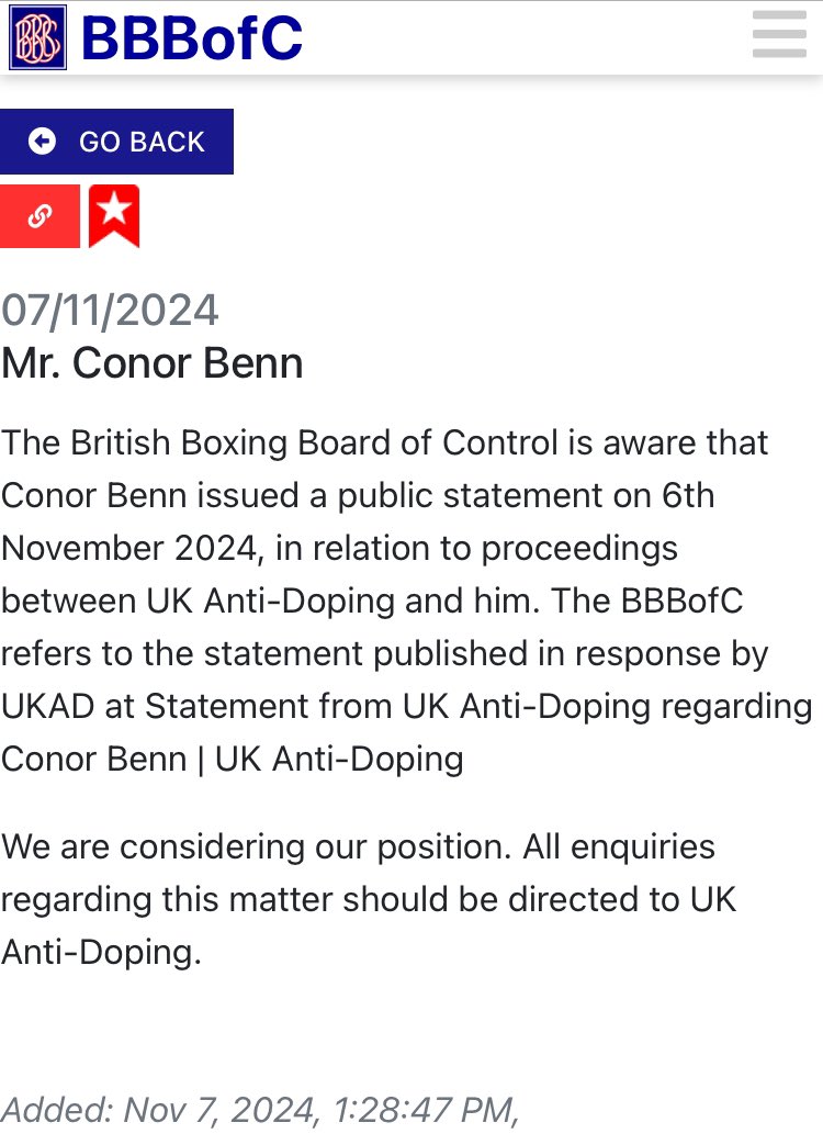 KOTV_Boxing's tweet image. The @BBBofCuk statement on @ConorNigel situation.
#boxing #benn