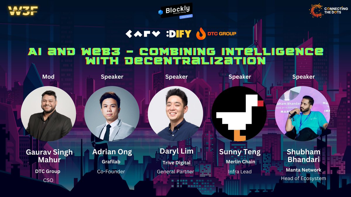 5/ Panel 5: AI and Web3 – Combining Intelligence with Decentralization

Speakers:
🎙️ Adrian Ong (<a href="/Grafilab_io/">Grafilab - Powering AGI</a>)
🎙️ <a href="/daryllirl/">darylirl.eth</a> (<a href="/TRIVEDIGI/">TRIVE Digital</a>)
🎙️ Sunny Teng (<a href="/MerlinLayer2/">Merlin Chain</a>)
🎙️ Shubham Bhandari (<a href="/MantaNetwork/">Manta Network (🔱,🔱)</a>)

Moderator:
🔶 <a href="/EscanorWeb3/">Gaurav Singh Mahur</a>, CSO, <a href="/DTCGroup_/">DTC Group</a> 

Topics:
- Decentralized