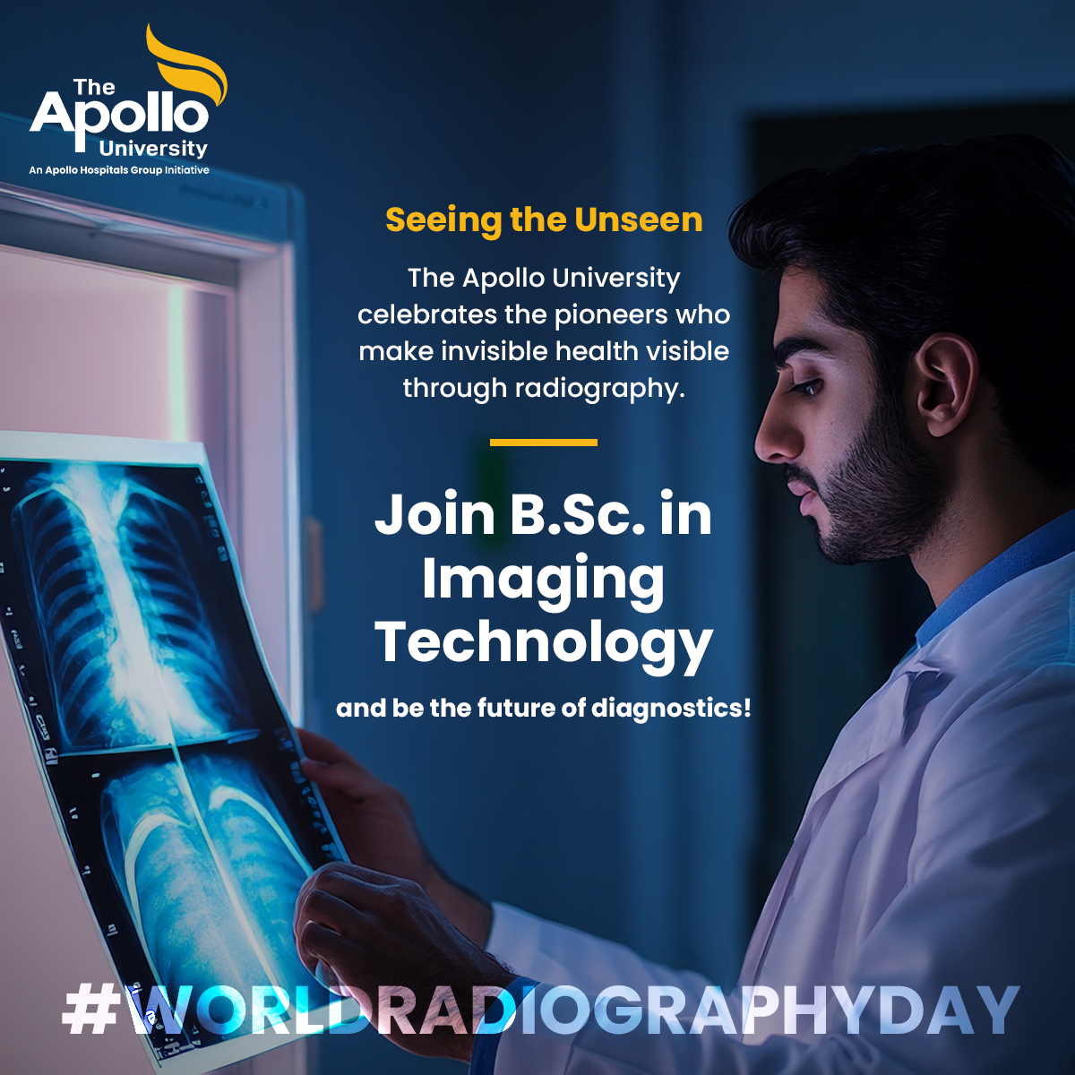 ApolloUniv's tweet image. On #WorldRadiographyDay, we honor radiographers who reveal the unseen.
Join our BSc in #ImagingTechnology to gain skills in radiology physics, advanced imaging, and shape the future of #healthcare.
Apply now: bit.ly/3wZsCCD
#TheApolloUniversity