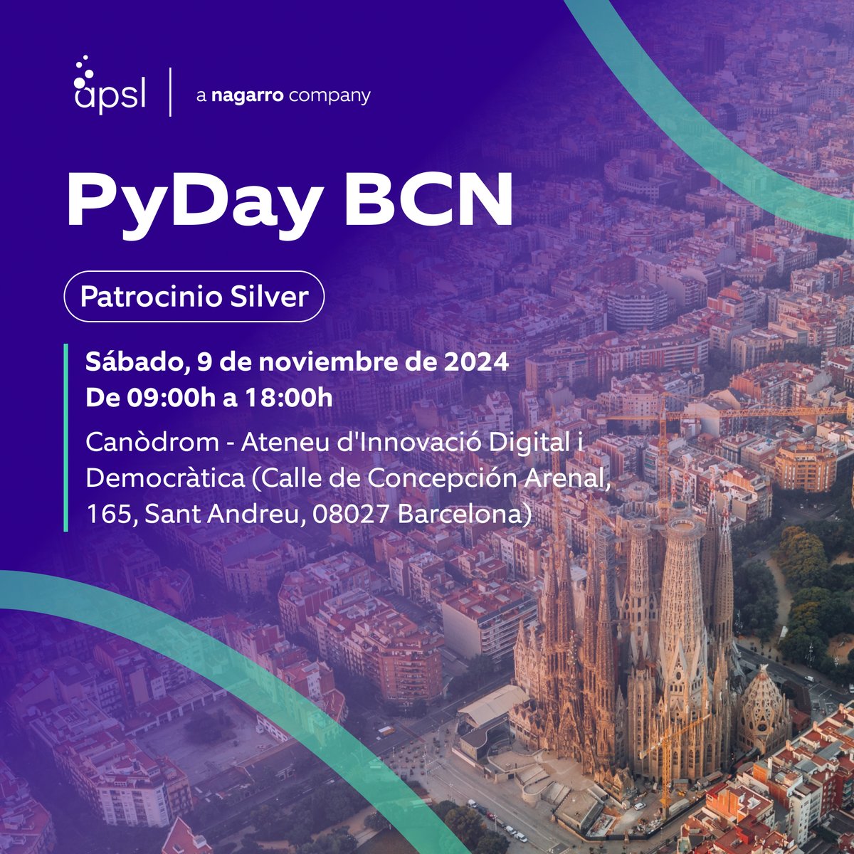 apsl_tech's tweet photo. 👋🏼 ¿Este fin de semana estás en Barcelona?

✨ Mañana, sábado estaremos en el PyDay Barcelona 2024 en Canòdrom - Ateneu d'Innovació Digital i Democràtica.

💚 Este año somos patrocinadores silver, ¡como @Nagarro! https://t.co/TCW0ARCS74