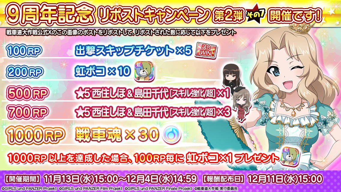 garupan_app's tweet photo. ★9周年記念リポストキャンペーン第2弾★その7

本ポストのRP数によって全員に後日報酬をプレゼント！
1000RP達成で戦車魂ももらえます！

▼RP数カウント期間
12月4日(水)14:59まで
※合計PR数ではなく第2弾の各ツイートごとにカウントします

▼詳細
https://t.co/i6rJXoSDOh

#garupan_app https://t.co/g8Yh3yj9n5