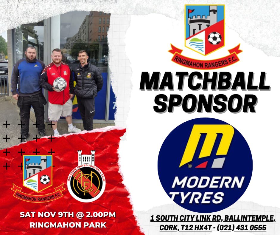 Many thanks to <a href="/ModernTyres/">Modern Tyre Service</a> who have sponsored a match ball for upcoming game with Malahide United AFC.Pictured are senior equipment gaffer Richie and Conor and Joe out of modern tyres .