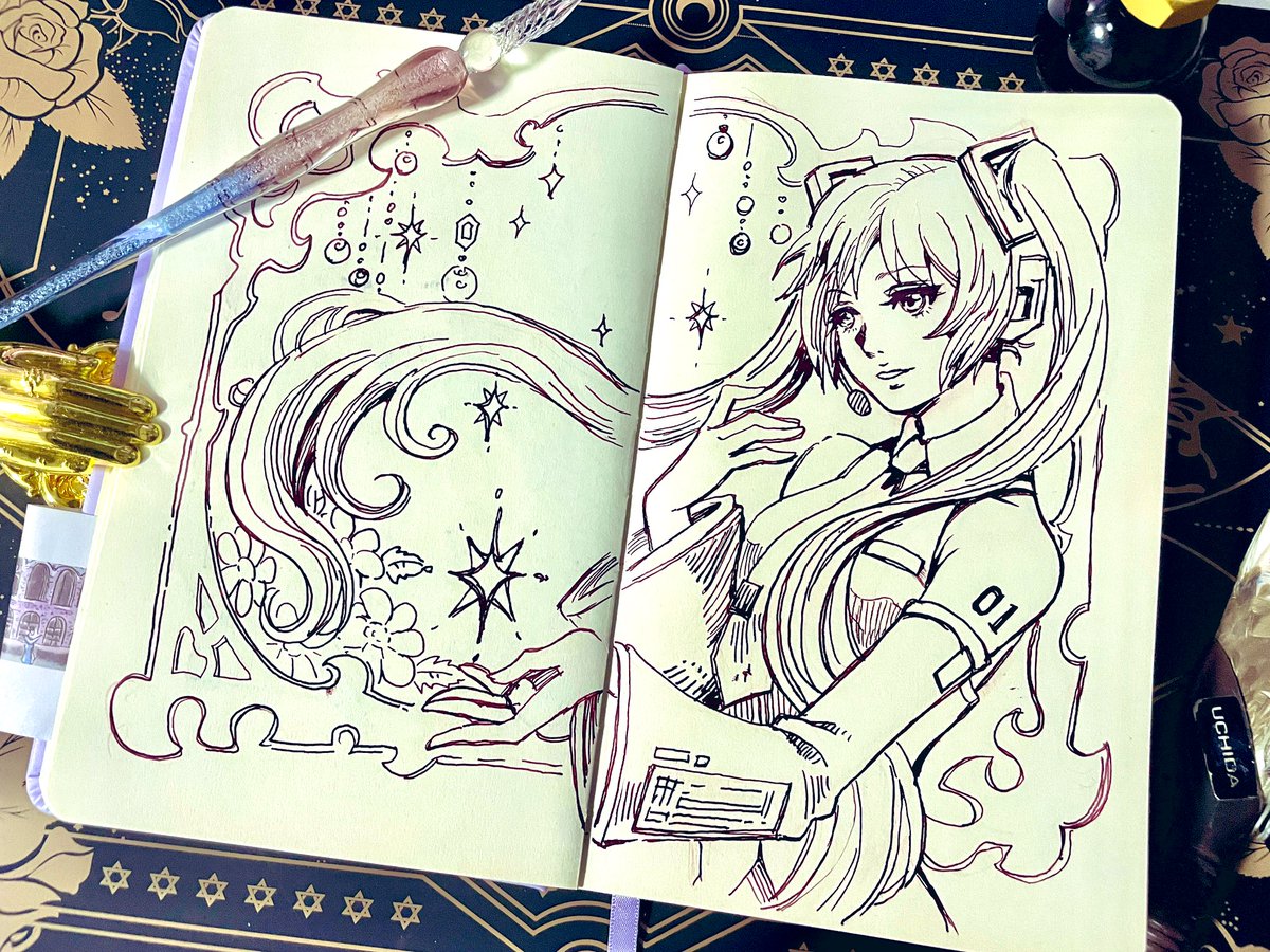 大人ミク。ところでワニさん@Sally_WANI のボカロ曲楽しみ🐊 #初音ミク #ガラスペン 