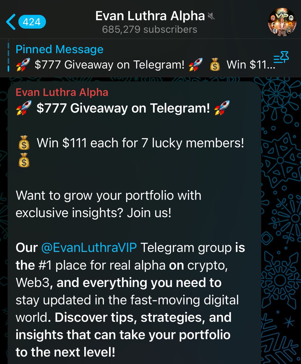🚨$777 #GIVEAWAY ALERT🚨

I'm giving away $777 to 7 lucky winners, $111 to each!

How to be eligible:

- Join my TG channel to participate: t.me/EvanLuthraVIP 

Repost and Follow me <a href="/EvanLuthra/">Evan Luthra</a> to increase the chances of winning!