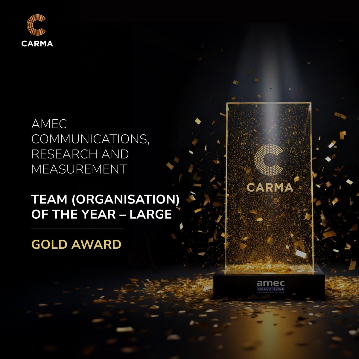 CARMA's tweet photo. 🏆 What a night at the #AMECAwards! CARMA took home 21 awards – 5 Gold, 8 Silver, 8 Bronze – and was named Team of the Year for the 2nd year in a row! 

Huge thanks to our talented teams &amp; clients who made this possible. Here’s to more wins in media intelligence! 🎉 #AMECMM https://t.co/w3DNivbzUy