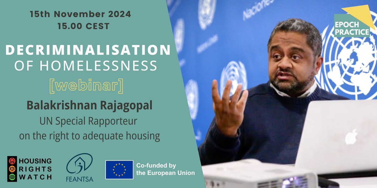 EPOCH Practice (@epochpractice) on Twitter photo In one week we're joined by the UN Special Rapporteur on <a href="/adequatehousing/">UN Special Rapporteur on the right to housing</a> to reflect on the growing criminalisation of people experiencing homelessness, and how we can advocate decriminalisation towards a human rights approach.
Register to join us
lnkd.in/ezrY_WkH In one week we're joined by the UN Special Rapporteur on <a href="/adequatehousing/">UN Special Rapporteur on the right to housing</a> to reflect on the growing criminalisation of people experiencing homelessness, and how we can advocate decriminalisation towards a human rights approach.
Register to join us
lnkd.in/ezrY_WkH