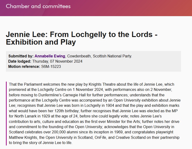 Knights Theatre (@knightstheatre) on Twitter photo Delighted that the <a href="/ScotParl/">Scottish Parliament</a> and <a href="/UKParliament/">UK Parliament</a> have welcomed our new play about Jennie Lee through motions from @aewing4cbeath & <a href="/RichardBakerMP/">Richard Baker MP</a>. Thank you to all our supporters!
More info:
parliament.scot/votes-and-moti… edm.parliament.uk/early-day-moti…
#JennieLee #ScottishTheatre Delighted that the <a href="/ScotParl/">Scottish Parliament</a> and <a href="/UKParliament/">UK Parliament</a> have welcomed our new play about Jennie Lee through motions from @aewing4cbeath & <a href="/RichardBakerMP/">Richard Baker MP</a>. Thank you to all our supporters!
More info:
parliament.scot/votes-and-moti… edm.parliament.uk/early-day-moti…
#JennieLee #ScottishTheatre