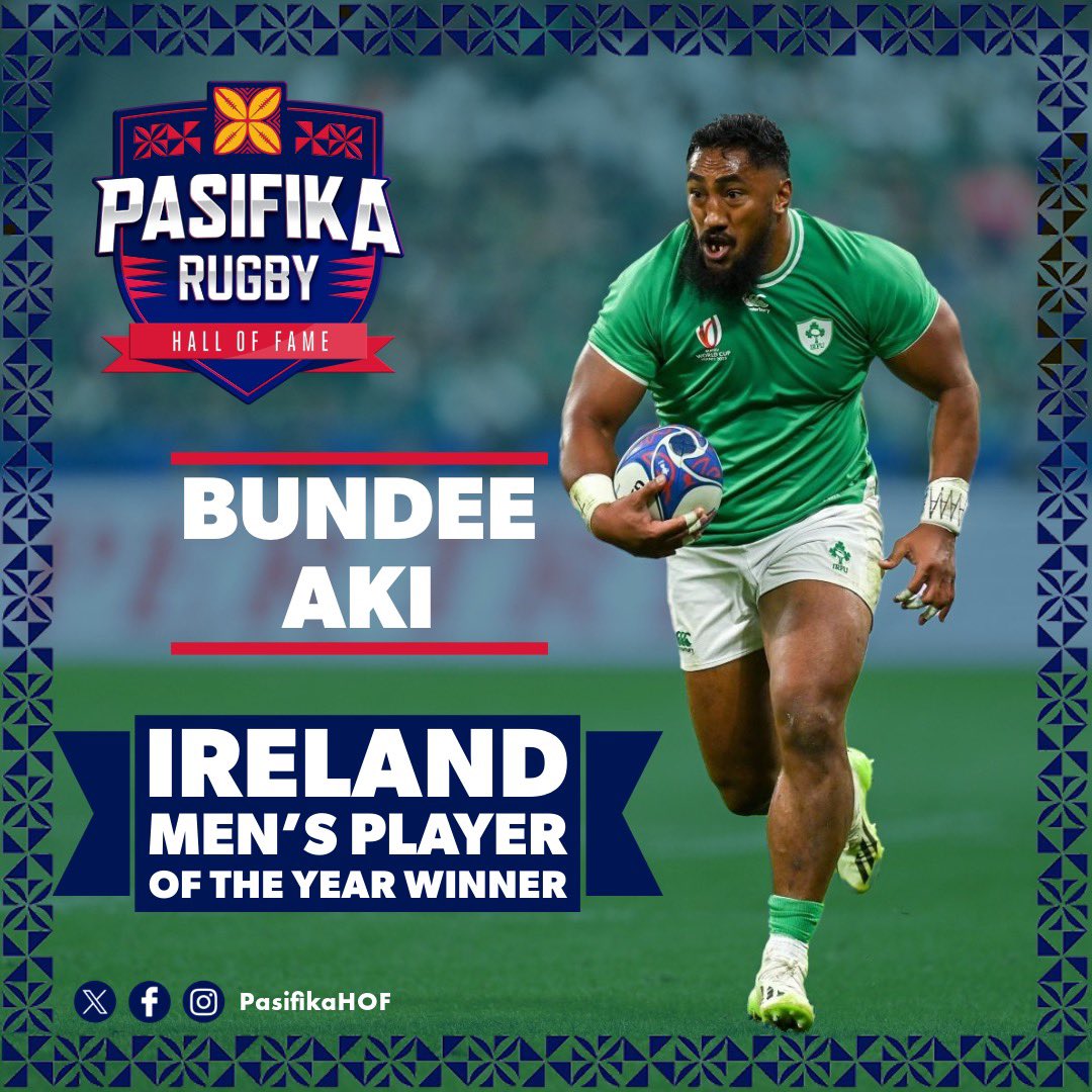 As we celebrate Pasifika’s greatest players, coaches, and contributors… we recognize the FIRST Pasifika to win the <a href="/RugbyPlayersIRE/">RugbyPlayersIreland</a> Men’s Player of the Year Award, <a href="/bundeeaki12/">Bundee Aki</a>! 🌊🌴