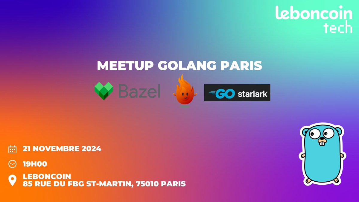 leboncoin tech (@leboncointech) on Twitter photo 🚀 On est ravis d'accueillir à nouveau la communauté <a href="/GolangParis/">Golang Paris</a> chez #leboncoin !
Au programme :
- Build Go + Bazel💥
- Revue d'outils pour OpenAPI
📅 Jeudi 21 nov., 18h45
📍 Paris 10
Networking & buffet 🍰
--> Inscriptions urlr.me/mjRpQ 🚀 On est ravis d'accueillir à nouveau la communauté <a href="/GolangParis/">Golang Paris</a> chez #leboncoin !
Au programme :
- Build Go + Bazel💥
- Revue d'outils pour OpenAPI
📅 Jeudi 21 nov., 18h45
📍 Paris 10
Networking & buffet 🍰
--> Inscriptions urlr.me/mjRpQ