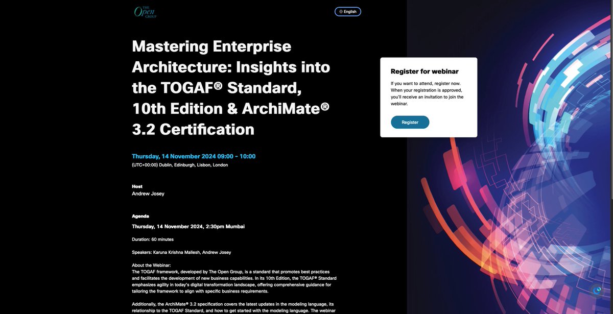 TOGAF® (@togaf_r) on Twitter photo Join us for <a href="/TheOpenGroup/">The Open Group</a> webinar on November 14 2024 at 14:30 Mumbai, 09:00 London: Mastering Enterprise Architecture: Insights into the #TOGAF® Standard, 10th Edition & #ArchiMate® 3.2 Certification. Registration open at opengroupevents.webex.com/weblink/regist… Join us for <a href="/TheOpenGroup/">The Open Group</a> webinar on November 14 2024 at 14:30 Mumbai, 09:00 London: Mastering Enterprise Architecture: Insights into the #TOGAF® Standard, 10th Edition & #ArchiMate® 3.2 Certification. Registration open at opengroupevents.webex.com/weblink/regist…