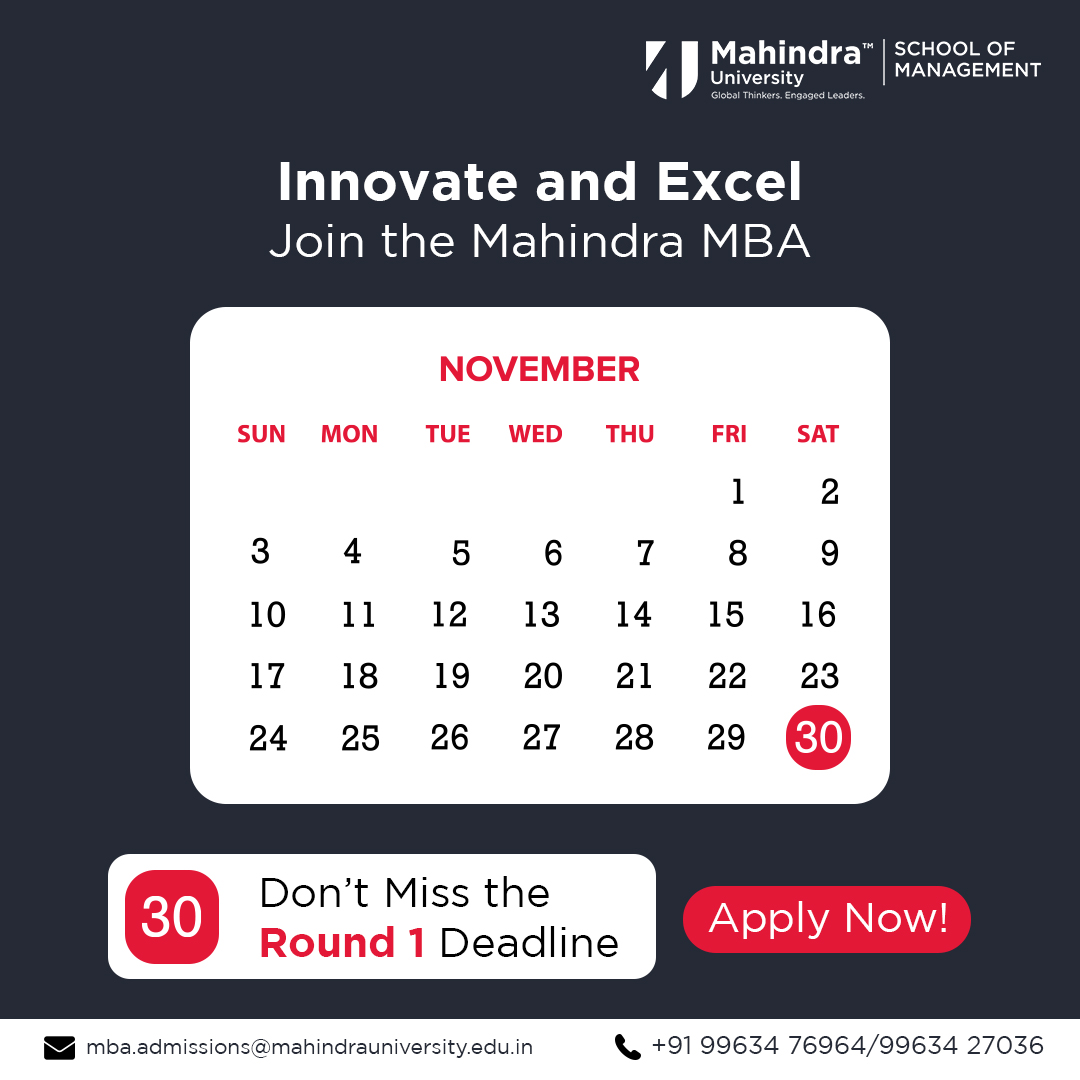 Innovate, Lead, Excel! Your MBA journey starts here with @Mahindrauni

Don't miss out on Round 1 application – secure your spot today!
Apply now 👉 bit.ly/3BWpnyo

#MBA2025 #mba #mbalife #catexam #bschool #CAT25