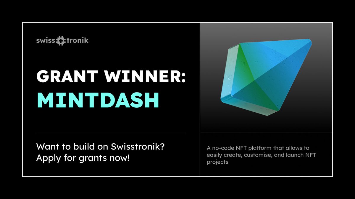 swisstronik's tweet photo. 🌟 We’re thrilled to welcome @mintdash_xyz - a winner of our Grant program, to the Swisstronik family!

💎 Mintdash is a game-changing no-code NFT management platform. With it, anyone can effortlessly create, customize, and launch their own NFT projects. From configuring smart contracts to crafting personalized minting pages and tracking sales analytics, it’s all just a few clicks away!

💡 Mintdash Creator Studio will now support the Swisstronik chain! Together, we're launching an exclusive NFT Marketplace dedicated to Swisstronik-based NFTs. This partnership will empower creators to manage and trade their NFTs with unparalleled ease.

Stay tuned for more exciting updates as we roll out new features and opportunities for our community!

💰 Want to build on Swisstronik or migrate your app? Apply for grants here https://t.co/lKKpOYvAlN