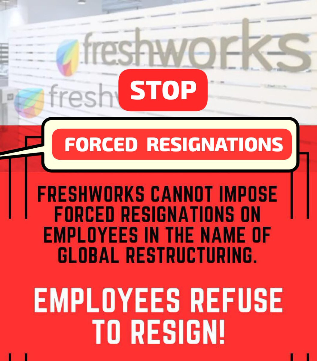 Kokki_Boys's tweet photo. FRESHWORKS - FORCED LAYOFFS

Freshworks a leading Software firm taking illegal route to send people out of the company. Its forcing employees to resign overnight and most employees are left helpless. More than 650 employees have been impacted and are forced to resign for the immediate demands of the Company without Any legal process and prior Intimation. This has become a regular norm in the SAS domain where hundreds of employees are affected every year. These firms have never respect even the basic rights of employees nor the Laws of the Country. 

PRESURNG EMPLOYEES 
FOR CORPORATE BENEFITS

On Nov 7 2024, early morning Employees from Freshworks recieved a mail from their CEO (Dennis Woodside) stating that more than 650 employees are being layed off by the company for Global restructuring. All employees are forced to resign within one day (within Nov 8 2024) and are asked to hand over all the assets within one day. No prior intimation or notice was given to the employees in advance and even experienced employees have been affected by this unjust act of the company. No proper means of remuneration or LEGAL MEANS OF SERVERANCE are provided to the employees as well. The Global restructuring of Software firms & IT INDUSTRY have always resulted in illegal layoffs and Reduction in Force (RIF) programs for cost cutting and making sure their operational costs are limited to sustain their profit rates. 

UNJUST LABOUR PRACTICES

The forced resignations pressured by the Company are covered up stating. "VOLUNTARY RESIGNATION" and employees are threatened by Freshworks stating that they will Terminated and future of the career will become a uncertainty if these so called resignations are not given by employees. This is a very cheap measure taken by firm against the morale of Work culture itself.

While the company is doing all PR Work to cover-up the mess, reality has been much worse,  Irrespective of designation or position most employees are forced to resign in a *Gun-point threatening" manner by the company. The forced resignations has NOTHING to do with their PERFORMANCE, UPSKILLING OR DAILY ACTIVITIES. This has been an act of complete draconian greed of the firm to maintain its profit margin by reducing headcounts, a measure taken in a cheap and unhealthy manner. The only source of support has come from few Aluminis of Freshworks and most employees are left helpless without any concern.

CALL OUT FOR SOLIDARITY

The brutality faced by these employees are done in a very subtle and sauve manner and are cleanly silenced. The governments have left it unchecked and any legal efforts taken by employees to secure their rights are threatened, blackmailed and snubbed by these companies. This is a rising issue which has exploited our educated mass of youth who left stranded on the streets. No political party or so called progressive movements have addressed such injustices and are hardly bothered about any labour rights. Pls circulate awareness among your friends and require solidarity of all working masses against the anti-employees activities of Freshworks.

UNITE AGAINST BARBARISM

The attempt to curb basic labour rights and unjust measure taken by Freshworks has been nothing but corporate barbarism for sustaining its  stature.
Union of IT and ITES Employees  condemn the Freshworks announcement about retrenchment of employees in India for #globalrestructuring.

Also Freshworks management restores to anti-labor practice of forcing employees to resign. As per the industrial dispute act , Forcing employees to resign is unfair labour practices. Unite against this atrocities and for solidarity of labour rights.