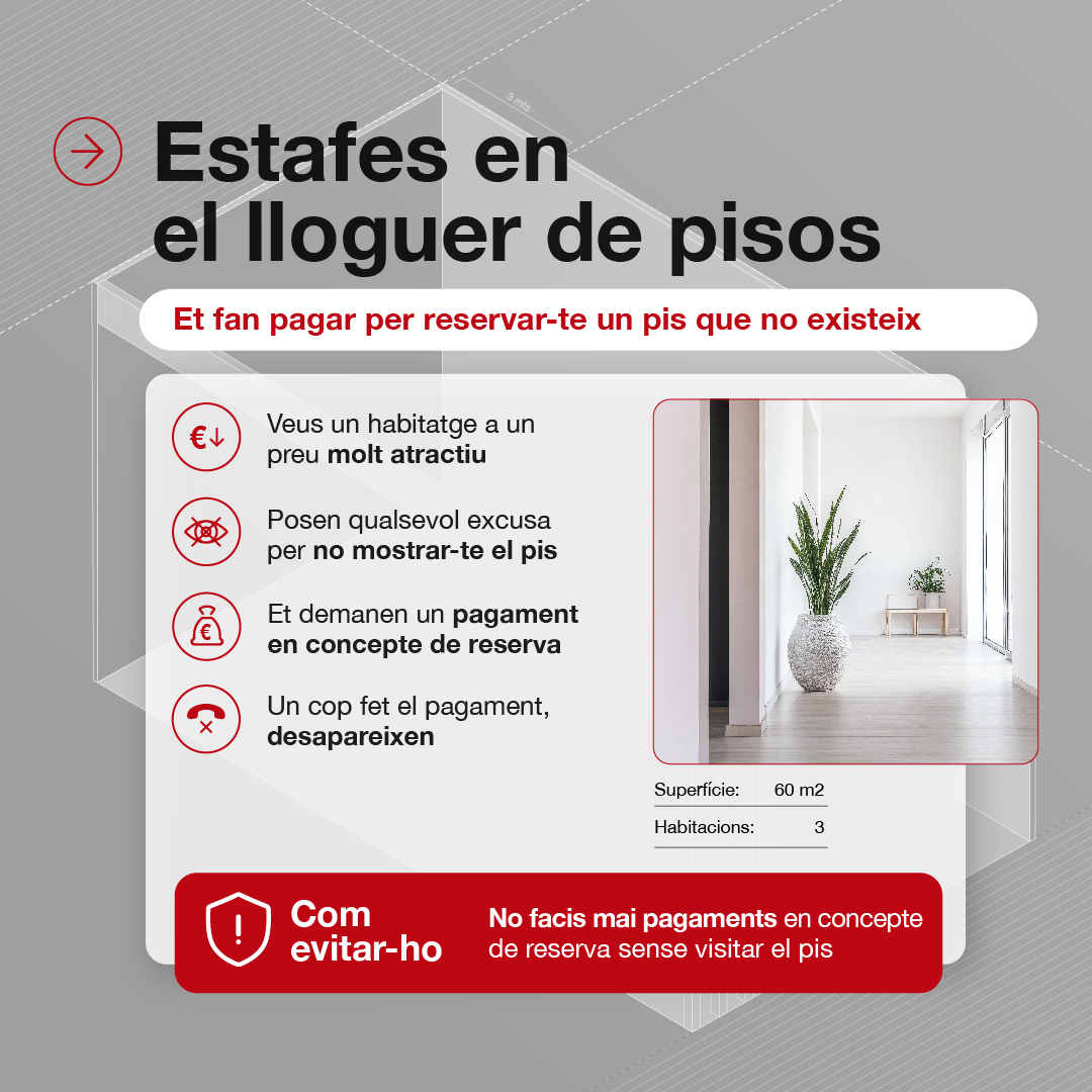 ⚠️Alerta amb un nou intent d'#estafa en el lloguer de pisos. 

🔍Et demanen dades personals sense visitar el pis? 
👤El propietari diu que és fora i no te’l pot ensenyar? 
💳Reclamen un pagament en concepte de reserva?

Ves amb compte⬇️
ciberseguretat.gencat.cat/ca/ciutadania/…
