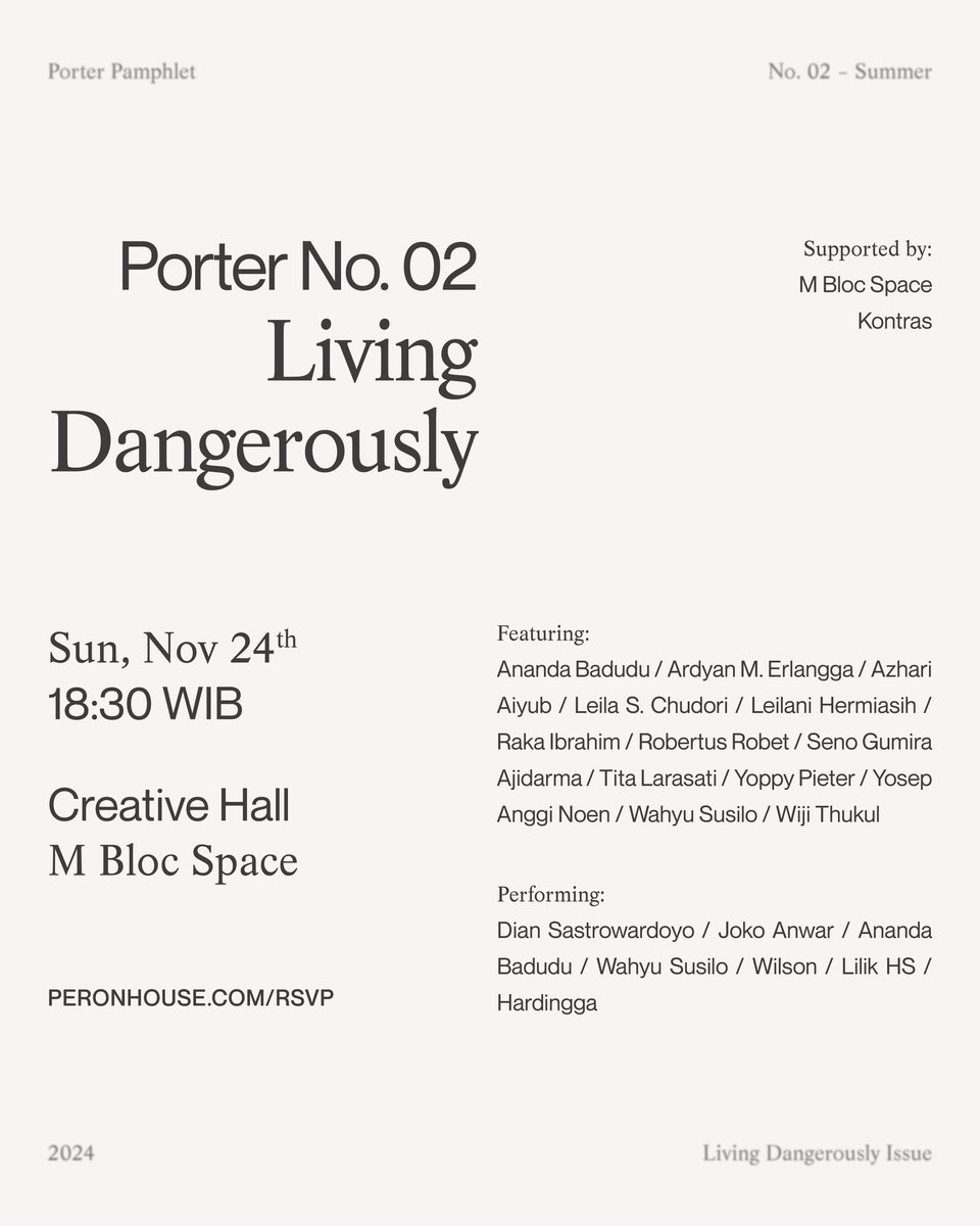 porter no. 02 is available soon on tokopedia.com/peronhouse! you can also buy it offline at our launch event on sun, nov 24 at mbloc, jakarta — rsvp at peronhouse.com/rsvp