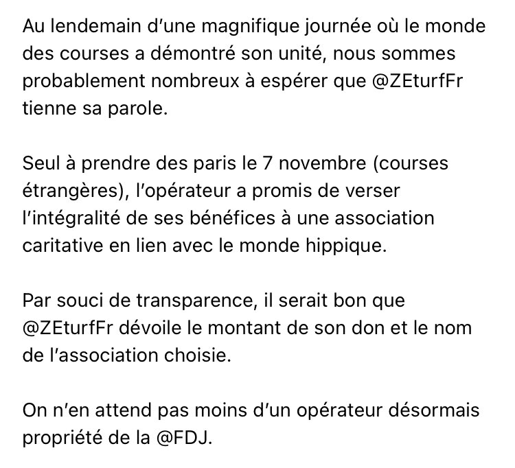 #Equidia #PMU #FranceGalop #SETF #Quinté #HalteaLaTaxe <a href="/AEDG_fr/">Association des Entraineurs de Galop</a> <a href="/assojockeys/">Association des Jockeys</a> <a href="/ContactSedj/">SEDJ</a> <a href="/Fedeeleveurs/">Eleveurs du galop</a> <a href="/AssoNatTurfiste/">Association Nationale des Turfistes</a> <a href="/Jour_de_Galop/">Jour de Galop</a> <a href="/ProvinceCourses/">Province Courses / 24H au trot</a> <a href="/RBalances/">Radio Balances</a> <a href="/ZEturfFr/">ZEturf 🔞</a> @FDJ <a href="/stephane_pallez/">Stéphane Pallez</a> 

LETTRE OUVERTE À ZETURF