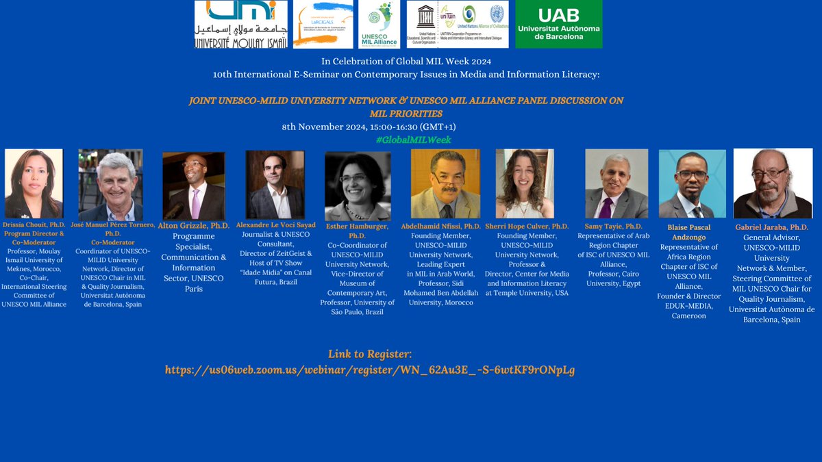Join us today 8 Nov, 3:00-4:30 pm (GMT+1)  for a stimulating discussion of #MIL Priorities in the Next Decade in a Joint #UNESCO #MILID #UniversityNetwork and  #UNESCO #MILAlliance Panel in Celebration of #GlobalMILWeek 
Link to Register:
us06web.zoom.us/webinar/regist…