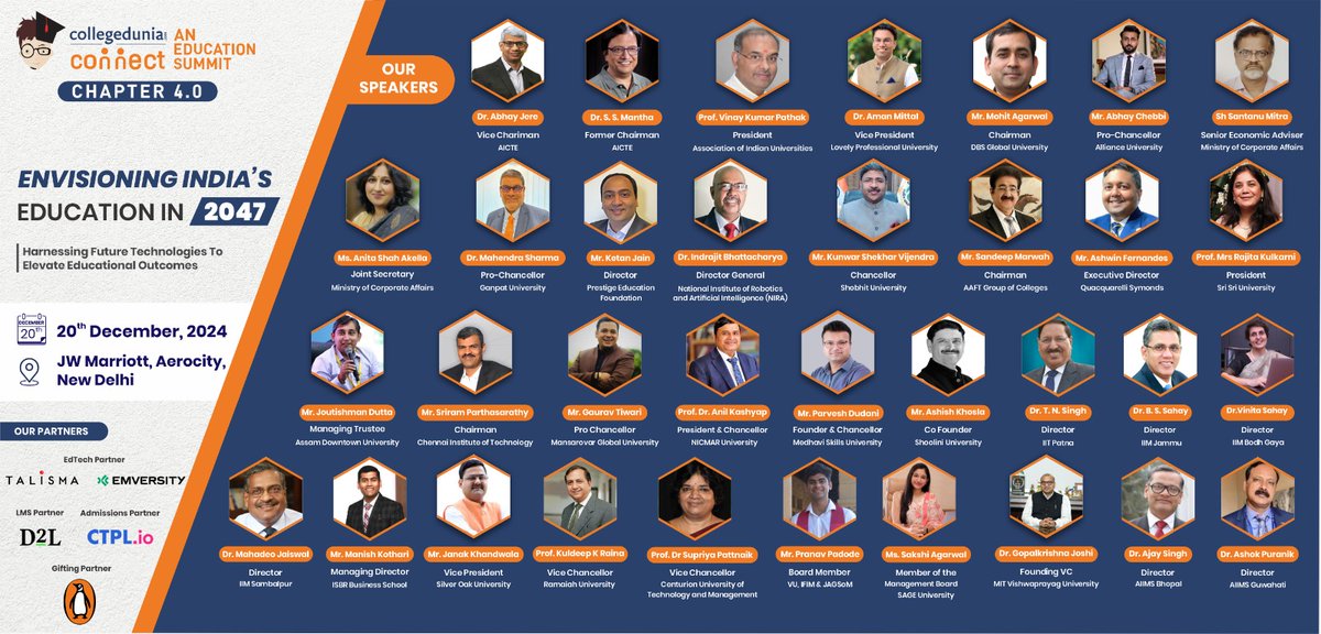 CDconnect2's tweet photo. 🚀Collegedunia Connect 4.0 - An Annual Education Summit🚀

We are pleased to welcome our Esteemed Speakers for Collegedunia Connect 4.0

🗓️ Date: 20th December 2024
📍 Venue: JW Marriott Aerocity, New Delhi

Register Now to Attend-  https://t.co/GAow2T342k https://t.co/sERhRzQmwv