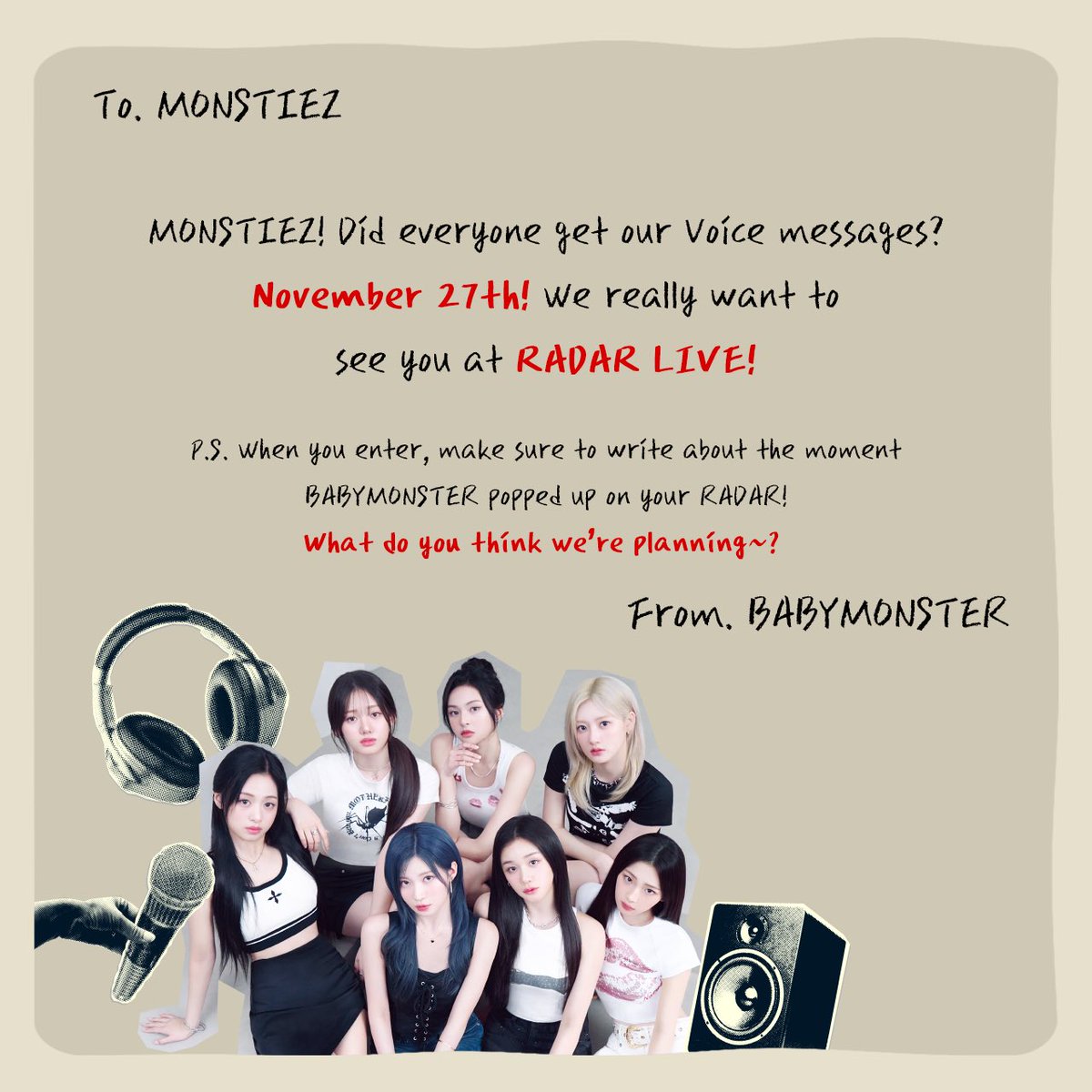 베이비몬스터를 내 눈앞에서 
볼 수 있는 기회 👀❤️
📍SpotifyXBABYMONSTER RADAR LIVE 
 
💚지금 바로 RADAR LIVE 신청하기
 spotify-radarlive.com
 
✅행사 일정 : 11/27(수)
✅이벤트 응모 일정 : 11/2(토) - 11/15(금)
✅당첨자 발표 : 11/19(화) *개별 연락

A chance to see BABYMONSTER