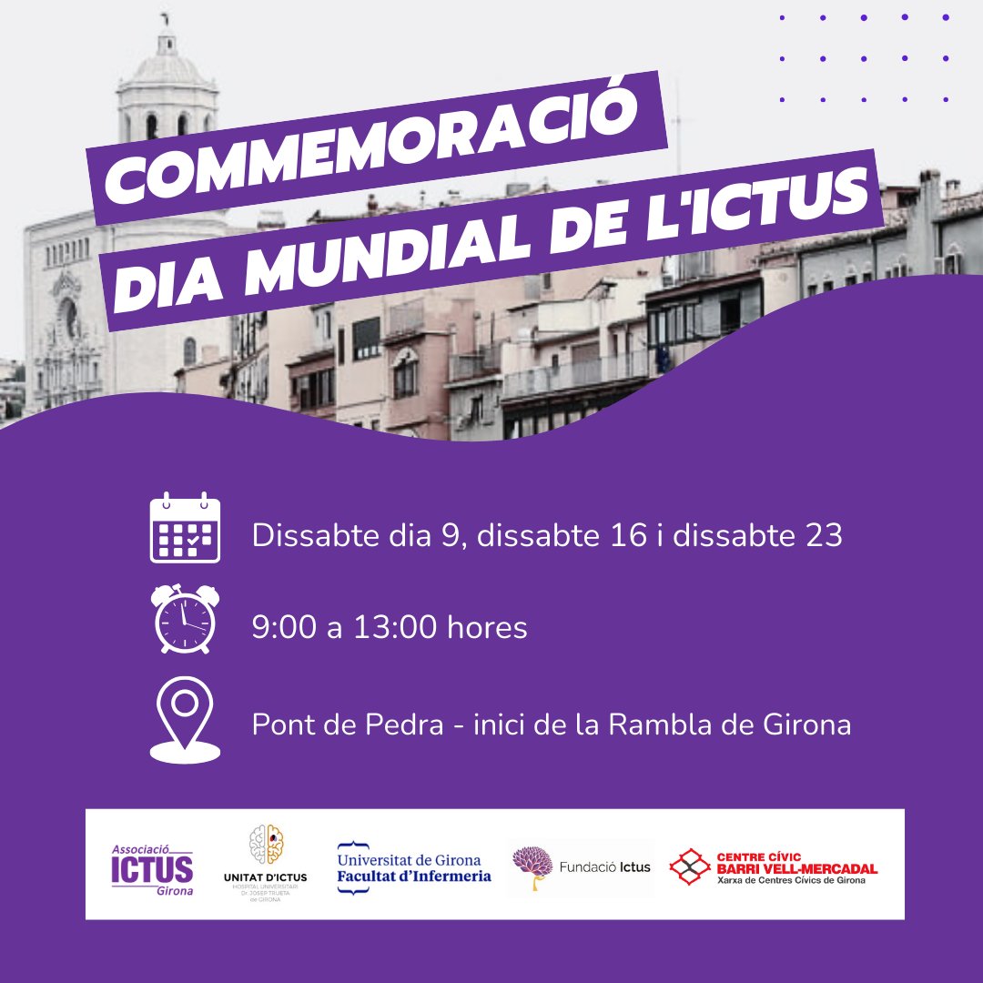 Ictus Girona (@ictusgirona) on Twitter photo Demà dissabte dia 9, dissabte 16 i dissabte 23 als matins l'associació i <a href="/UdGInfermeria/">Facultat Infermeria</a> organitzen una carpa informativa amb activitats d'informació i educació per a la #salut envers l'#ictus.
⏰ Hora: 9:00 a 13:00 h
📍 Lloc: Pont de Pedra - inici de la Rambla de #Girona Demà dissabte dia 9, dissabte 16 i dissabte 23 als matins l'associació i <a href="/UdGInfermeria/">Facultat Infermeria</a> organitzen una carpa informativa amb activitats d'informació i educació per a la #salut envers l'#ictus.
⏰ Hora: 9:00 a 13:00 h
📍 Lloc: Pont de Pedra - inici de la Rambla de #Girona