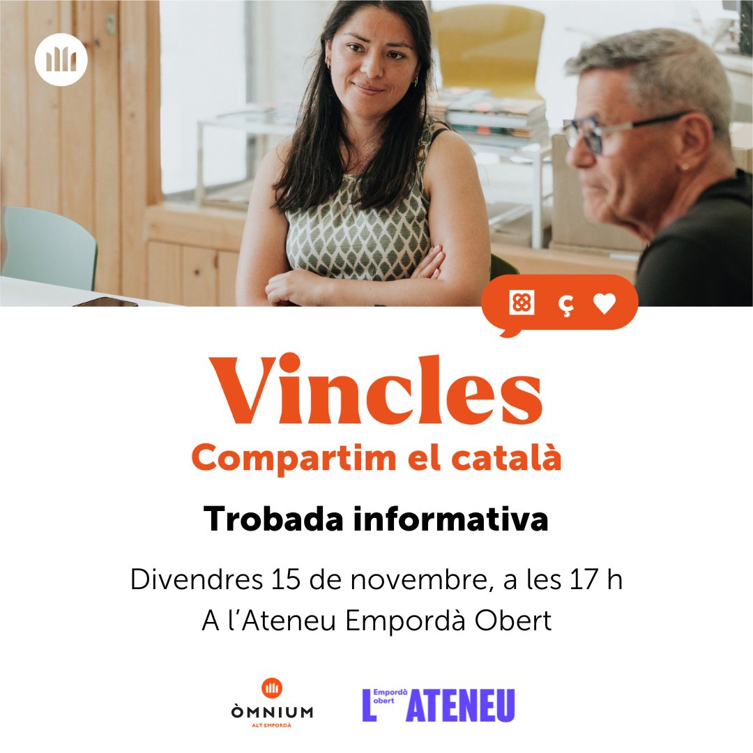 👥 Seguim fent créixer el Vincles a l'Alt Empordà!

El divendres 15 de novembre, a les 17 h, farem una trobada informativa a l'Ateneu Empordà Obert per explicar el projecte i resoldre dubtes a totes aquelles persones que hi estiguin interessades.

Compartim el català!