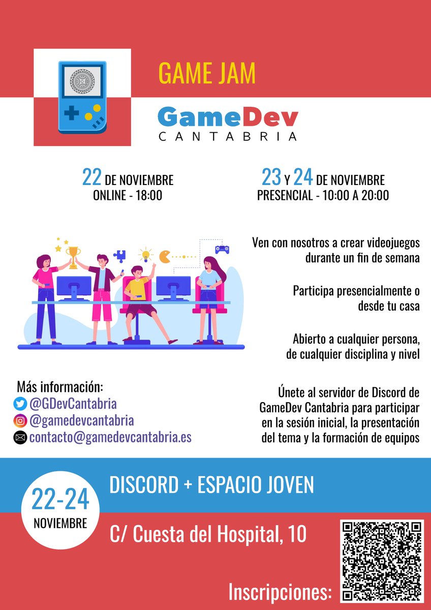 ¡Ya está aquí, ya llega, la 2ª edición de la GameDev Cantabria Jam!

En esta ocasión, con una primera sesión online en nuestro Discord, y con sede presencial para el sábado y el domingo en el Espacio Joven de Santander.

Más info e inscripciones: forms.gle/A1ippeTeA5VXQ3…