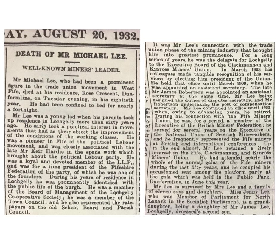 Looking back at this press cutting about Michael Lee - Jennie Lee's grandfather. A miners' union leader and friend of Keir Hardie, he helped to build Fife's Labour movement. What a legacy.

#FifeHistory #LabourHistory #JennieLee