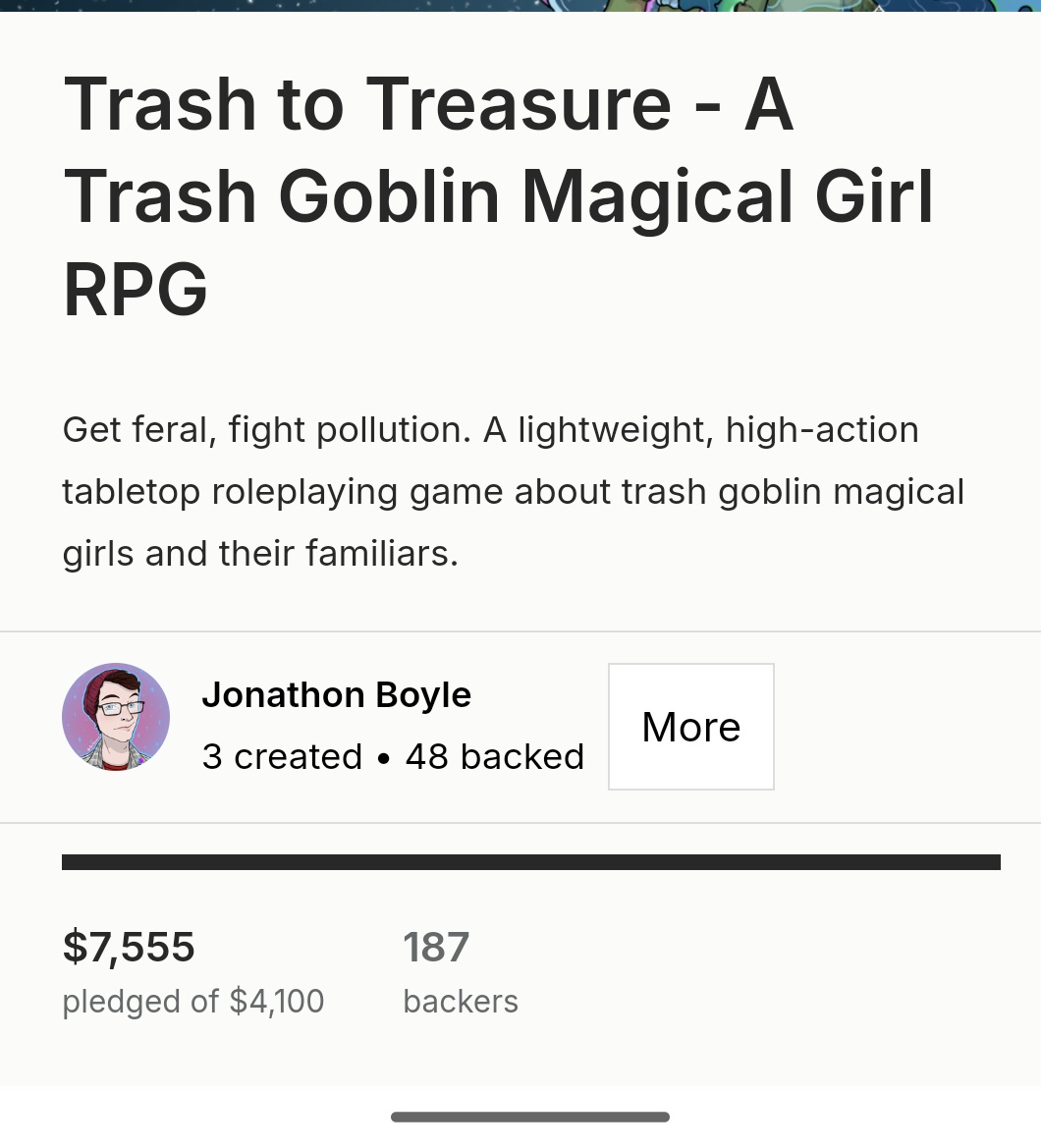 BriDanann's tweet photo. And with that Trash to Treasure has concluded 🎉🥳

We hit both our funding goal and our first stretch goal!!!

Thank you all for believing in this project and supporting our tiny team.

We cannot wait to bring this silly game to life ❤️

#ttrpg #ttrpgcommunity #crowdfunding https://t.co/XShNOanFLM
