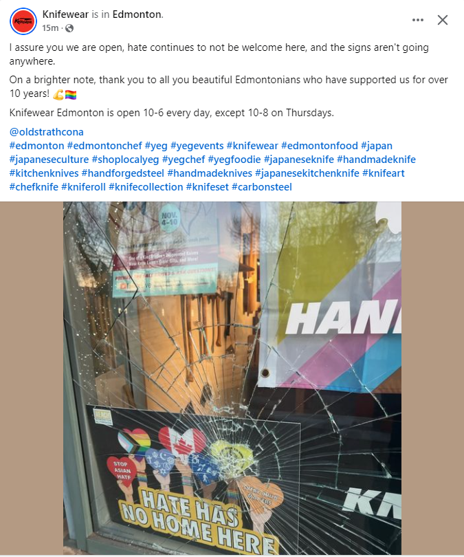 abcrimlaw's tweet photo. Show a little retail appreciation to @Knifewear and @knifewearyeg if you can. Their support of LGBTQIA2S+ community members appears to have attracted vandalism of their Edmonton store. https://t.co/ZN5JslBtVC