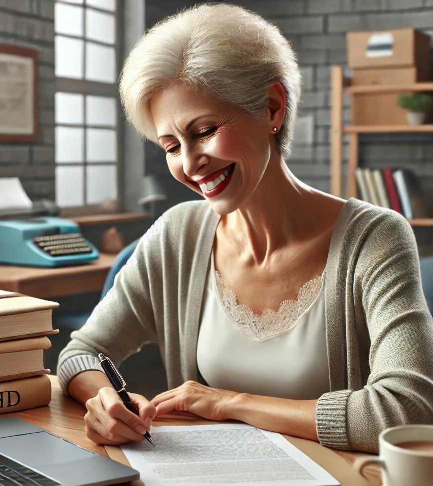 JaneCoSe's tweet photo. This dedicated older autistic PhD student sits happily at her desk, absorbed in her research. Surrounded by books and notes, she finds joy in the process of writing and discovering more and more about autism. Please contact me to find out more; autism@coombersewell.co.uk https://t.co/EY8sidrXf8
