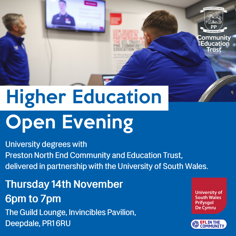 Discover how you can earn a degree with us here at the Trust in partnership with <a href="/UniSouthWales/">University of South Wales</a>!

📅 Thursday, November 14
⏰ 6pm-7pm
📍 Guild Lounge, Deepdale

#PNECET | #pnefc