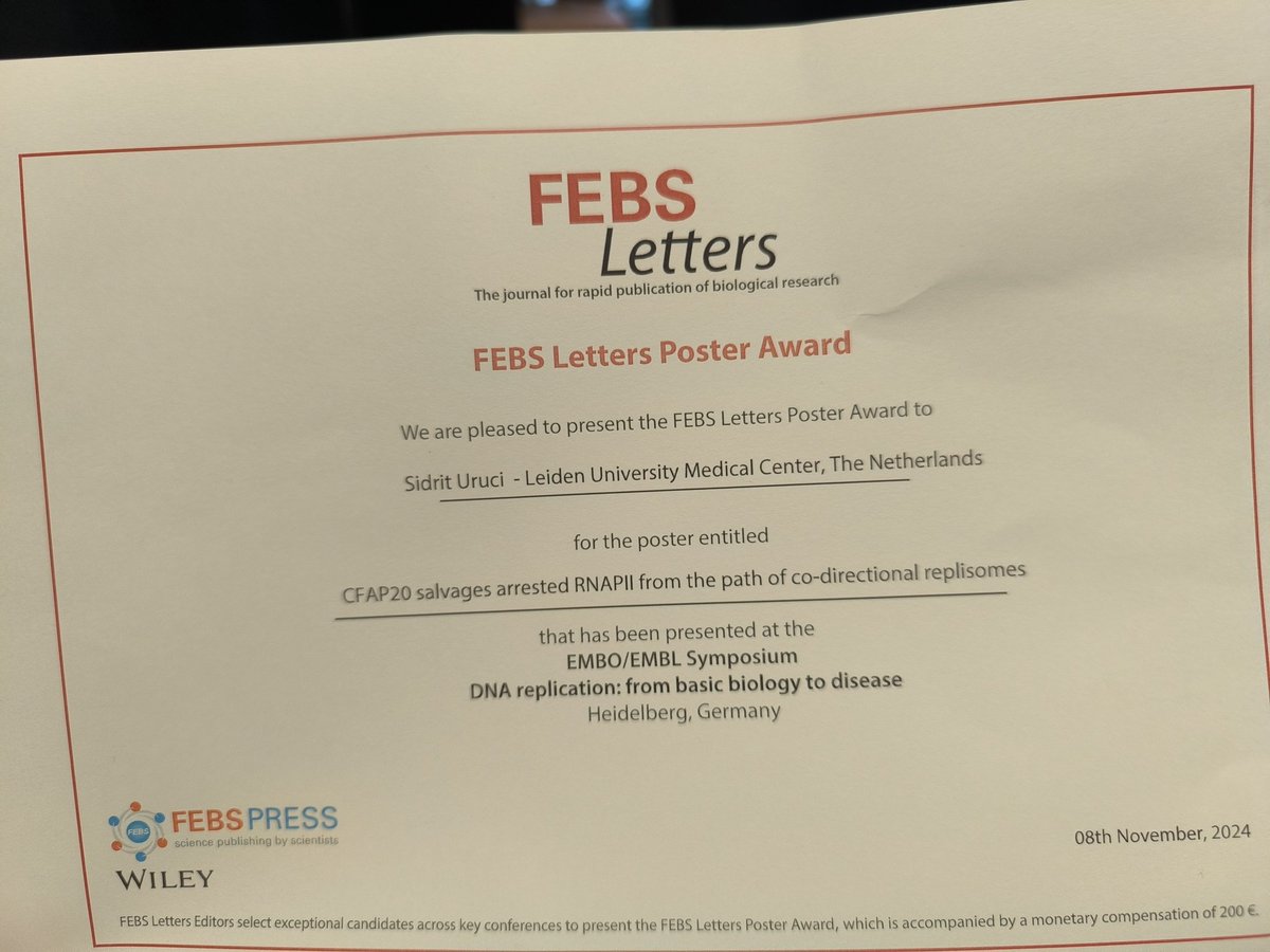 UruciSidrit's tweet image. Just wrapped up the amazing #EESreplication meeting at #EMBO! It was such a pleasure to present my current work and meet present and future(?) collaborators and getting updates in the field
The cherry on top? I was awarded a poster prize by #FEBS_Letters 
So grateful and thankful