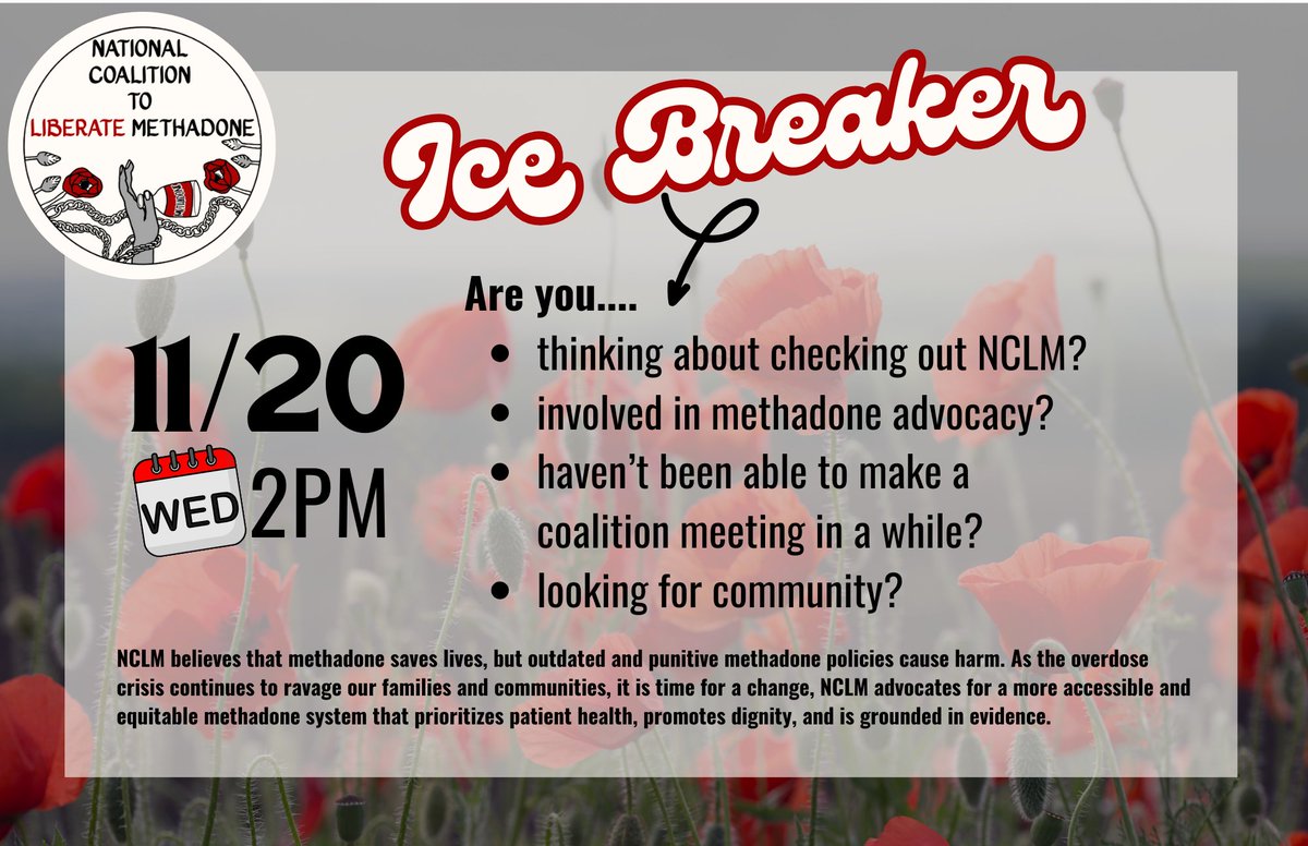 💥JOIN US in building power &amp; liberating methadone💥
Icebreaker mixer - 11/20/24 at 2:00 PM EST
Zoom: pitt.zoom.us/j/96945949091
Get involved: liberatemethadone.org/join-us
#PeopleOverProfits #CancelCrueltyCulture #LiberateMethadone