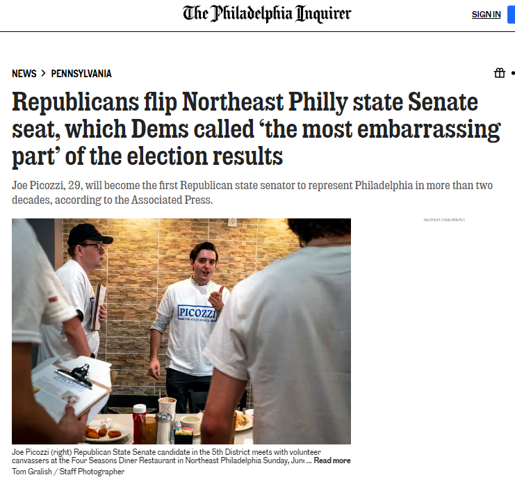Congratulations <a href="/josephspicozzi/">Joe Picozzi</a> !!

"Joe Picozzi, 29, will become the first Republican state senator to represent Philadelphia in more than two decades, according to the Associated Press."