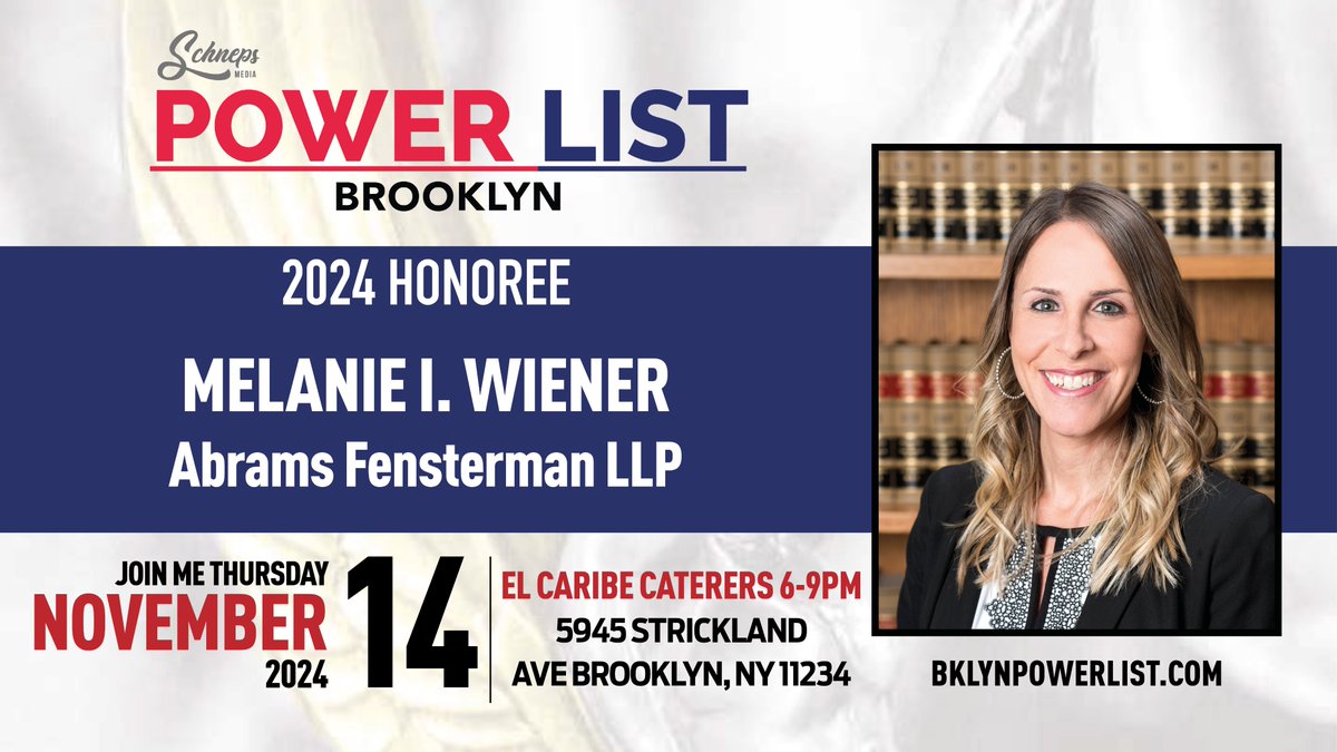 We’re thrilled to share that our Partner, Melanie I. Wiener, has been named to the 2024 Brooklyn Power List by Schneps Media! 🏆 Join us in celebrating her incredible impact on the Brooklyn community. 🎉 Event on Nov. 14 at El Caribe Country Club. 
#AbramsFensterman