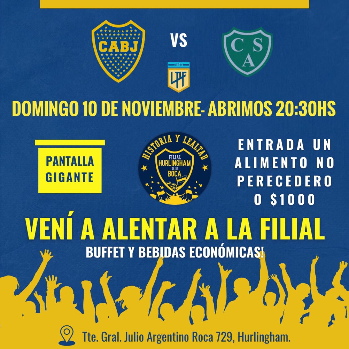 HurlinghamBoca's tweet photo. 🇸🇪 Vení a ver el partido a la Filial 🇸🇪
⚽ BOCA vs Sarmiento
🏆 Liga Profesional
🕖 Abrimos a las 20:30hs
🍔 Buffet y bebidas a precios económicos.
🔳 Pantalla gigante
📍 Tte. Gral J.A Roca 729, Hurlingham.

⚠️ ENTRADA: UN ALIMENTO NO PERECEDERO O $1000 ⚠️ https://t.co/zk2dI7oS4b