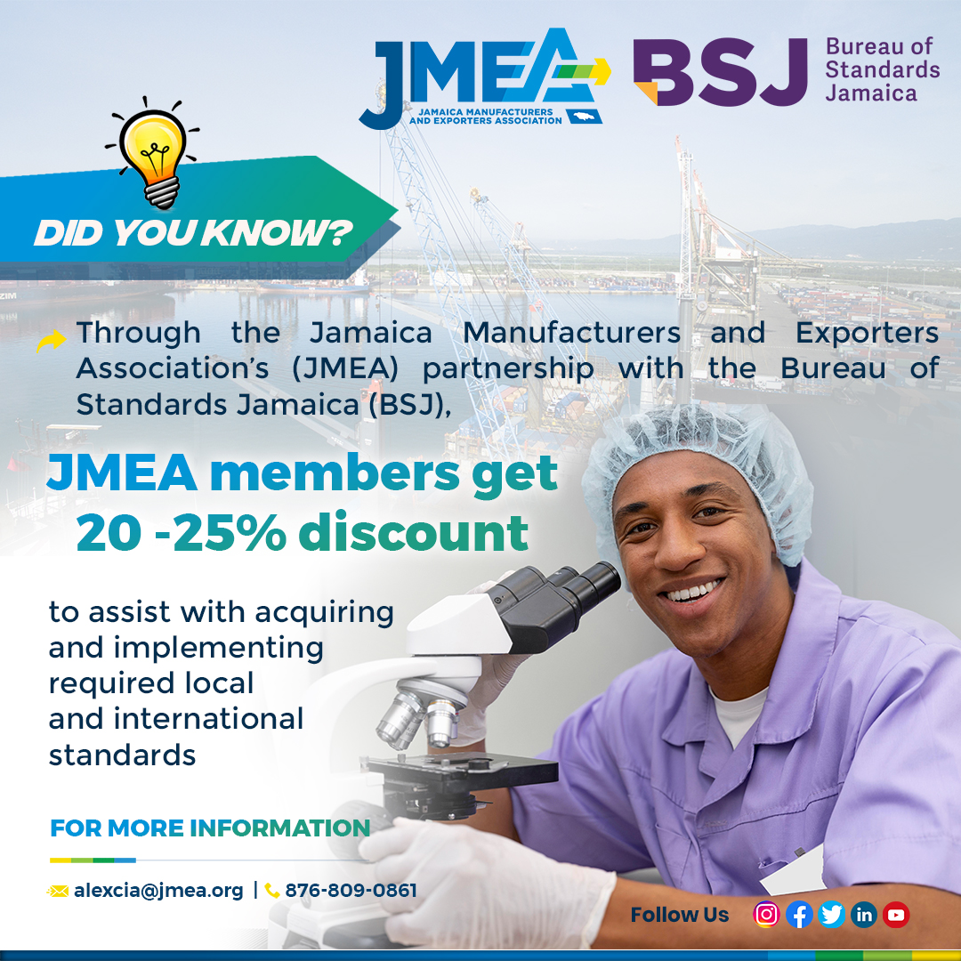 theJMEA_'s tweet photo. Did you know that as a JMEA member, you're eligible for discounted services from the Bureau of Standards Jamaica (BSJ)? Contact us to learn how you can take advantage of this benefit!
#JMEAatWork
#WeAreManufacturers
#WeAreExporters
#StandardsMatter
#OurMembersMatter https://t.co/mWekucybcd