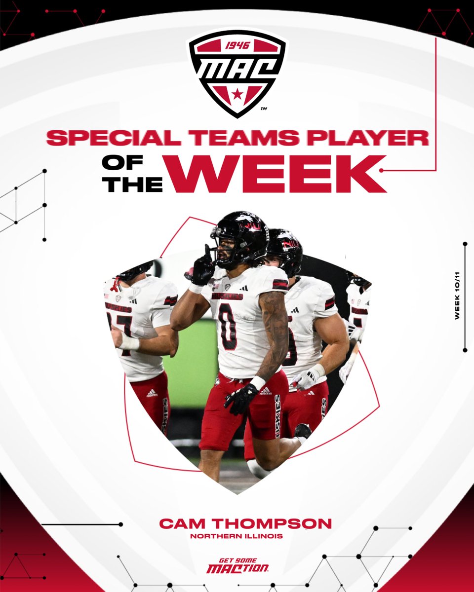 MACtion (@macsports) on Twitter photo 🏈 Special Teams Player of the Week 🏈
<a href="/Camthomps0n/">Cam Thompson</a> scored on a 91-yard kickoff return in the third quarter to give NIU a 28-21 lead which the Huskies would not relinquish.
It was the first kickoff return TD for the Huskies since Oct. 16, 2021.
<a href="/NIU_Football/">NIU Football</a> | #MACtion 🏈 Special Teams Player of the Week 🏈
<a href="/Camthomps0n/">Cam Thompson</a> scored on a 91-yard kickoff return in the third quarter to give NIU a 28-21 lead which the Huskies would not relinquish.
It was the first kickoff return TD for the Huskies since Oct. 16, 2021.
<a href="/NIU_Football/">NIU Football</a> | #MACtion