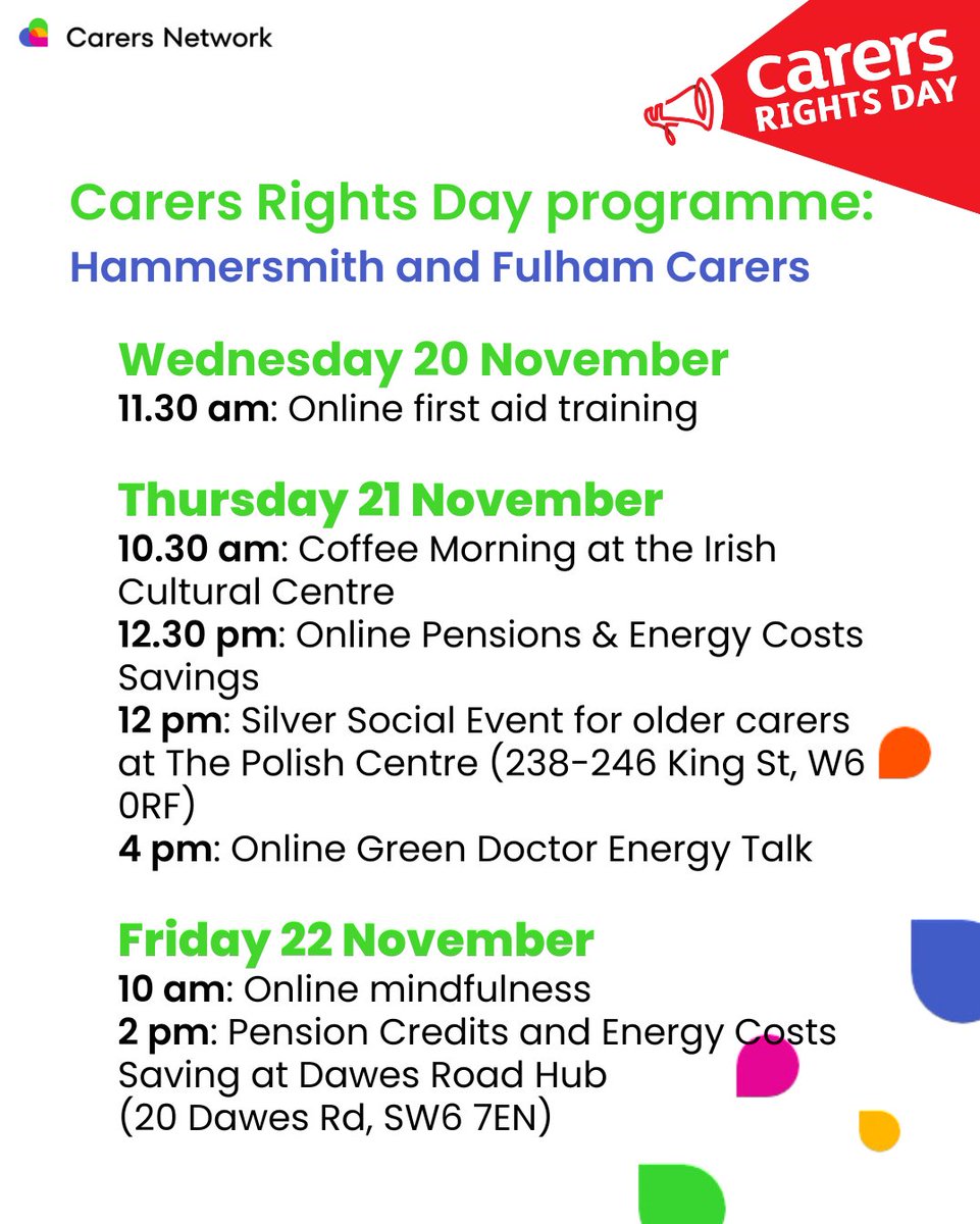 Carers Network (@carersnetwork) on Twitter photo #CarersRightsDay is in 2 weeks, on Thurs 21 Nov!
Every year, we run a programme of online and in-person workshops and activities to mark the day.
Have a look at the whole programme for this year and email events@carers-network.org.uk to register!
#carersrights #unpaidcarers #CarersRightsDay is in 2 weeks, on Thurs 21 Nov!
Every year, we run a programme of online and in-person workshops and activities to mark the day.
Have a look at the whole programme for this year and email events@carers-network.org.uk to register!
#carersrights #unpaidcarers