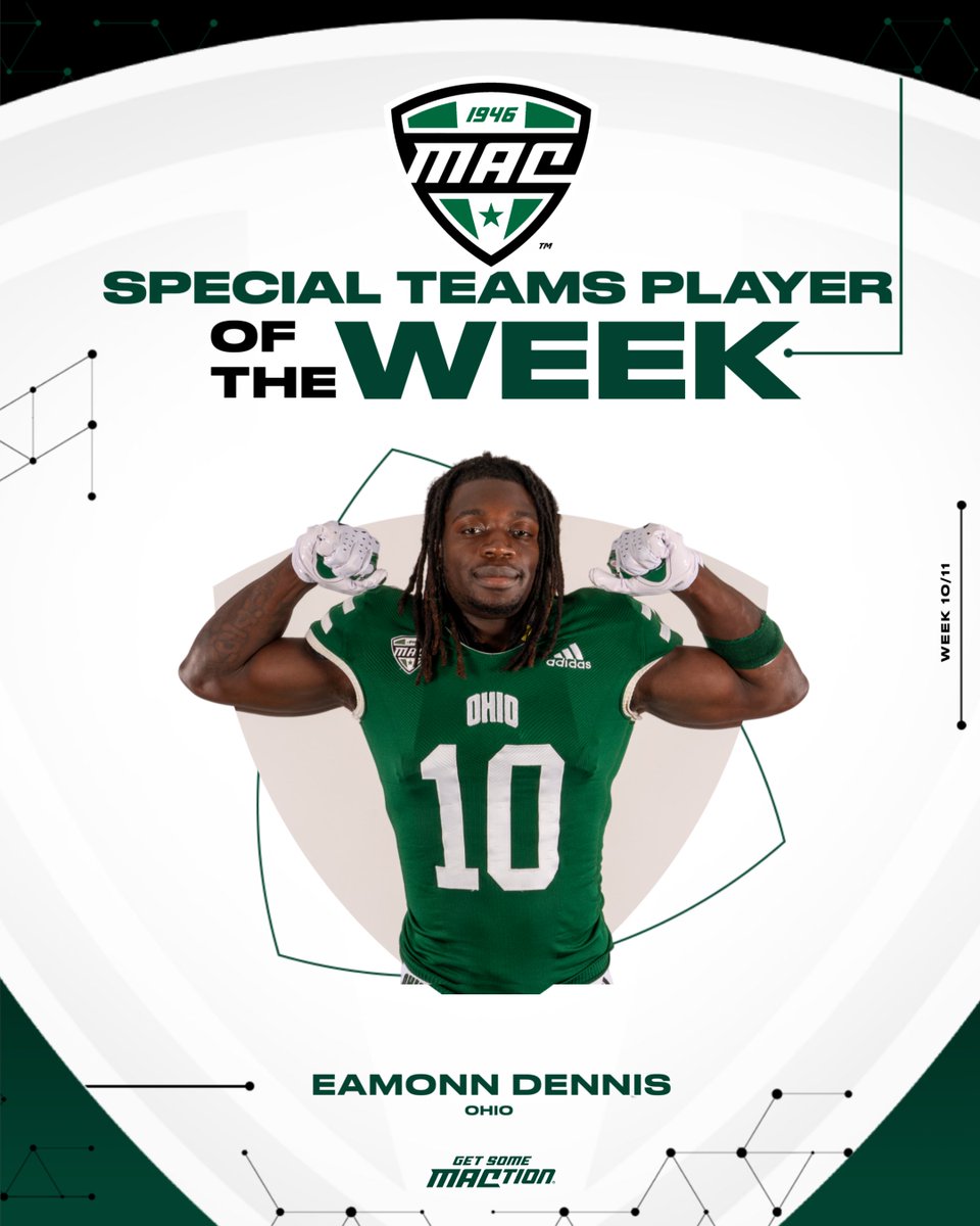 MACtion (@macsports) on Twitter photo 🏈 Special Teams Player of the Week 🏈
<a href="/E_Dennis5/">Eamonn Dennis 🖤</a> made a splash on the special teams unit during Ohio’s shutout victory over Kent State on Wednesday (Nov. 6). The wide receiver opened the third quarter with a 96-yard kickoff return, marking the first Bobcat to score a touchdown 🏈 Special Teams Player of the Week 🏈
<a href="/E_Dennis5/">Eamonn Dennis 🖤</a> made a splash on the special teams unit during Ohio’s shutout victory over Kent State on Wednesday (Nov. 6). The wide receiver opened the third quarter with a 96-yard kickoff return, marking the first Bobcat to score a touchdown