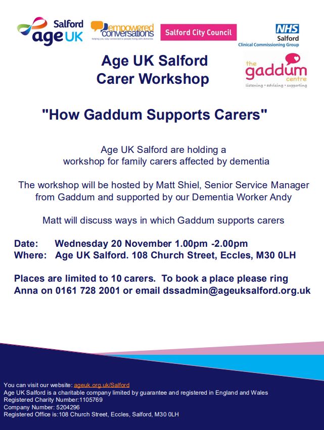 Age UK Salford (@ageuksalford) on Twitter photo We are running a Carer Workshop for family carers affected by dementia on Weds 20th November.
The session will be run in partnership with <a href="/salfordcarers1/">Gaddum Salford Carers</a>
It will be held at Age UK Salford,108 Church Street, Eccles, M30 0LH from 1pm - 2pm.
Booking required: 0161 728 2001. We are running a Carer Workshop for family carers affected by dementia on Weds 20th November.
The session will be run in partnership with <a href="/salfordcarers1/">Gaddum Salford Carers</a>
It will be held at Age UK Salford,108 Church Street, Eccles, M30 0LH from 1pm - 2pm.
Booking required: 0161 728 2001.