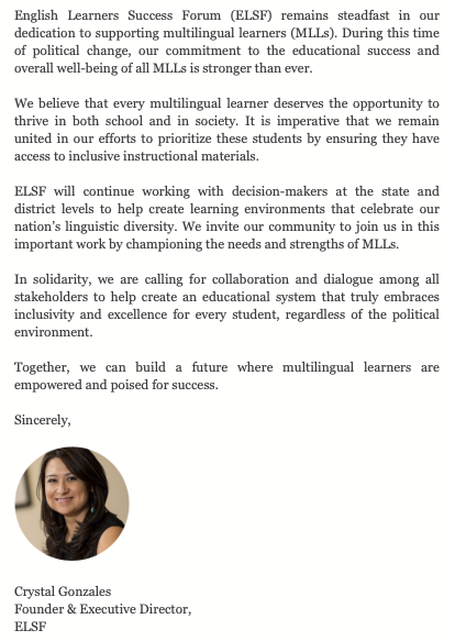 A message from our Executive Director: ELSF stands firm in our commitment to multilingual learners, advocating for their success and well-being amidst political change. Let’s work together to create learning environments that celebrate linguistic diversity and empower #MLLs.
