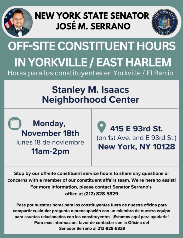 Got an issue or question about government services? Stop by on 11/18 for office hours with <a href="/SenatorSerrano/">Senator Jose M. Serrano</a>!