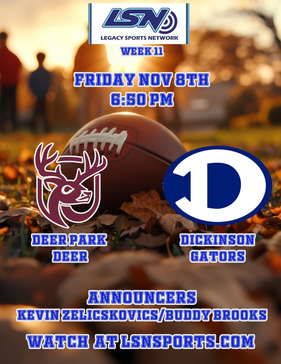 District championship game tonight as <a href="/DickinsonFB/">DHSGatorFB</a> welcomes the Deer Park Deer to Sam Vitanza.  Watch all the action live and free at lsnsports.com <a href="/legacysportsnet/">Legacy Sports Network</a>